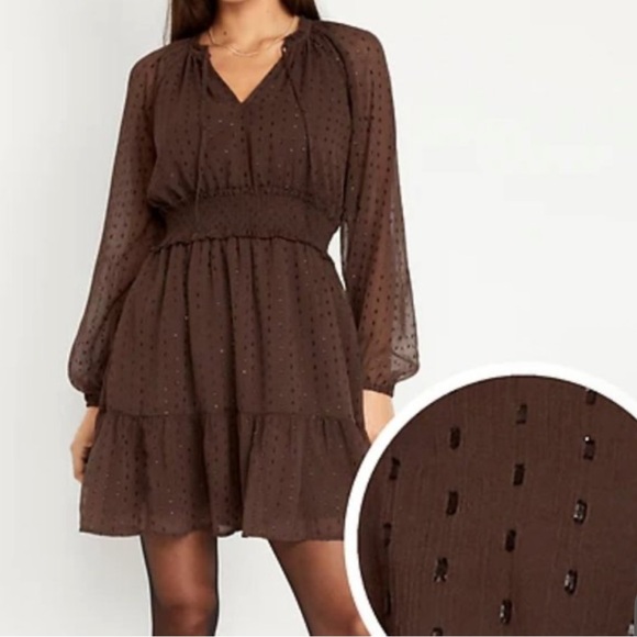 Old Navy Dresses & Skirts - Old Navy Brown Shimmer Chiffon‎ Mini Dress Long Sleeve Waist-Defined XL